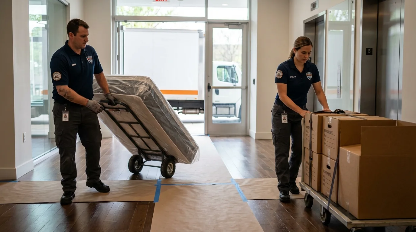 Professional apartment movers loading elevator in Newton Falls, OH