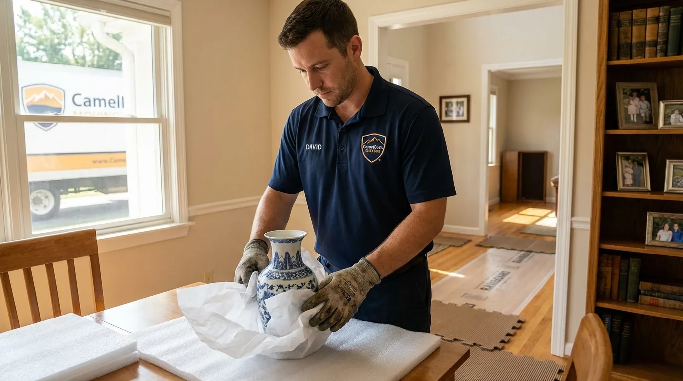 Professional crew carefully wrapping antique vase for senior downsizing move in Newton Falls, OH